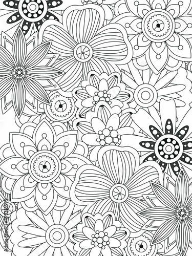 Doodle floral pattern in black and white. A page for coloring book  very interesting and relaxing job for children and adults. Zentangle drawing. Flower carpet in a magic garden