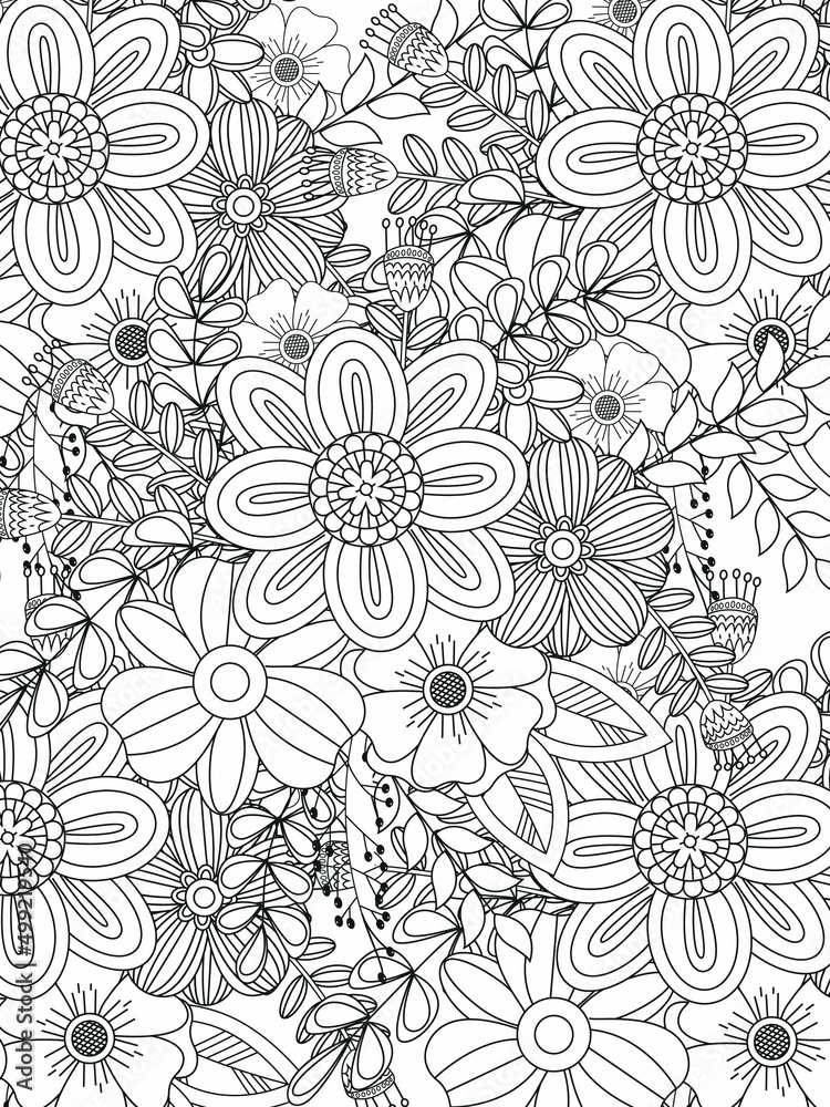 Doodle floral pattern in black and white. A page for coloring book: very interesting and relaxing job for children and adults. Zentangle drawing. Flower carpet in a magic garden Doodle floral pattern in black and white. A page for coloring book: very interesting and relaxing job for children and adults. Zentangle drawing. Flower carpet in a magic garden