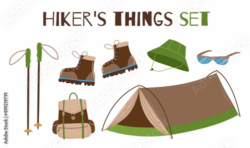 Set of items and clothes for a successful trip: camping tent, backpack, hat, sunglasses, hiking boots and walking sticks. Vector illustration isolated on white background