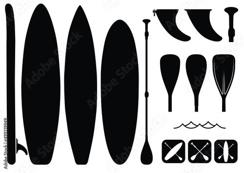 SUP boarding design elements. Stand up paddling stickers and badges. Set of vector equipment silhouettes SUP boards