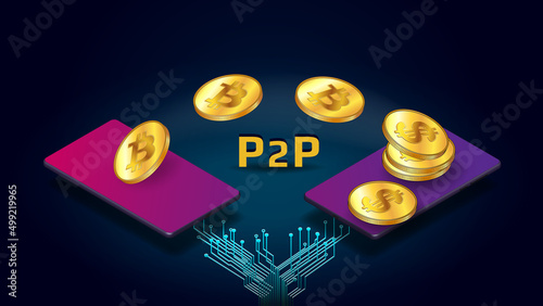 Isometric concept of transferring and converting bitcoin BTC to dollars USD peer to peer P2P using mobile phone. Coins fly over mobile phones on dark background.