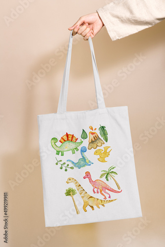 Cloth Bag Shopper With Print Dinosaur Cute Cartoon Hand