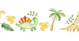Seamless border ornament with cute watercolor cartoon adorable dinosaur palms and leaves