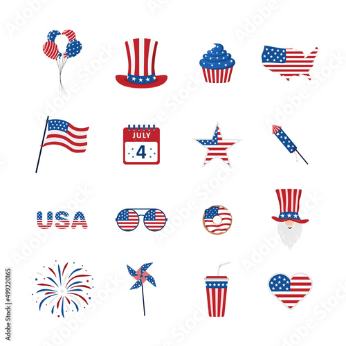 Set of icons for Independence Day of USA. Holiday elements for 4th of July celebration. National Freedom Day. Vector illustration in cartoon style.