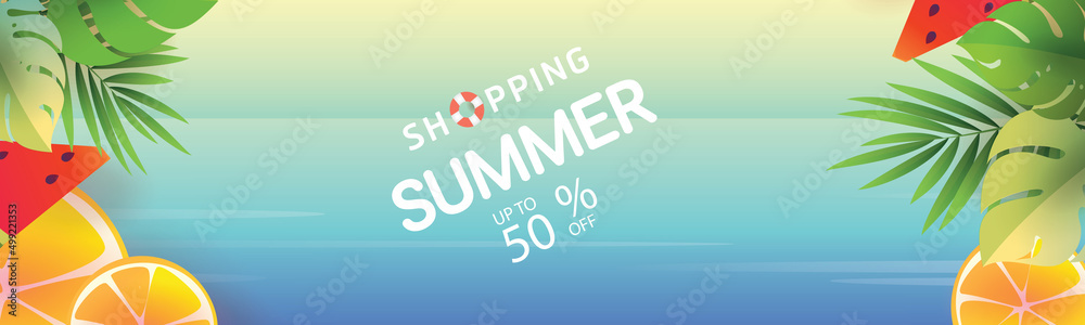 ummer Sale time holiday element banner design with paper cut tropical beach Color background layout Orange concept discount.Vector blue yellow illustration template.for  text