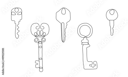 Set of 5 one line key drawings. Continuous line art of antique old keys for real estate. Isolated antique hotel room key