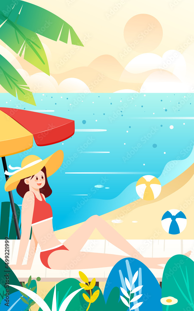 People in swimsuits sunbathing on the beach in summer, vector illustration