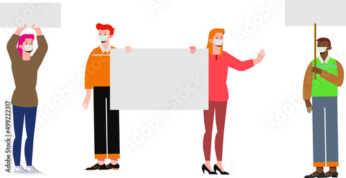 Crowd of protesting people holding banners and placards. Men and women taking part in political meeting, parade or rally. Group of male and female protesters or activists. Vector illustration.
