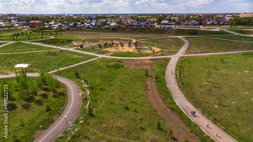 park in Buzuluk from above. Urban recreational environment next to the river.