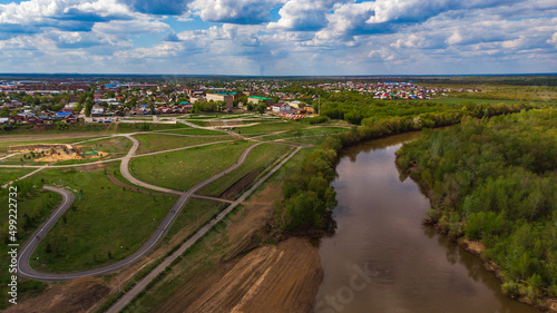 park in Buzuluk from above. Urban recreational environment next to the river.