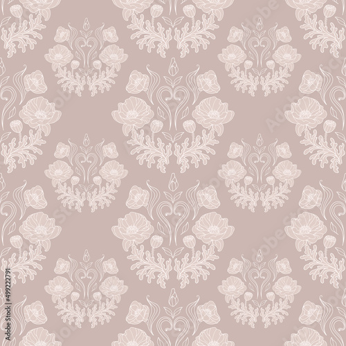 Vintage seamless pattern beautiful poppy bouquets on a beige background. Rococo style. Botanical illustration for wallpaper, fabric print, packaging