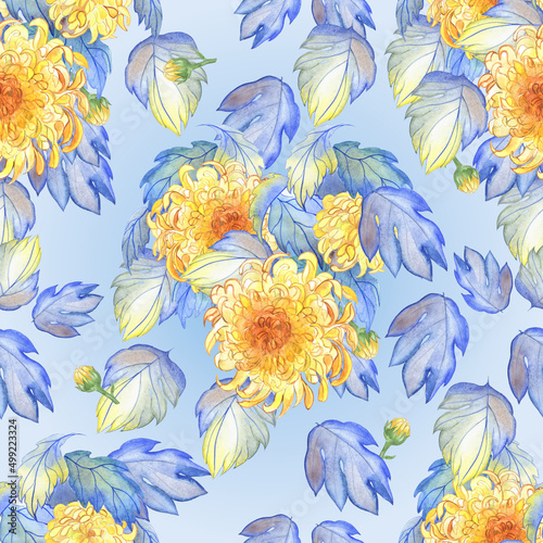 Watercolor floral seamless pattern. Yellow chrysanthemums with blue leaves on a light background. It can be used to create wallpaper, fabric, packaging.