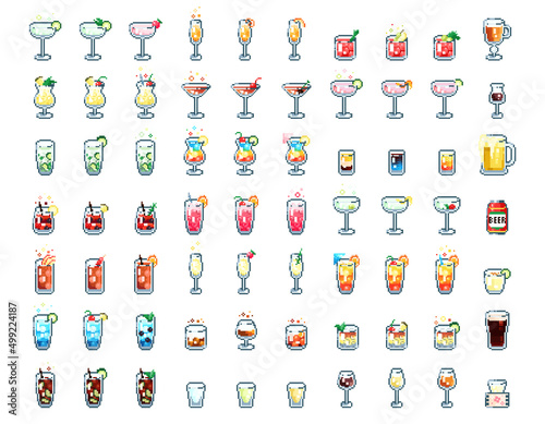 Mega collection of pixel art 8 bit gamer design cocktails. Vector emoji icons.