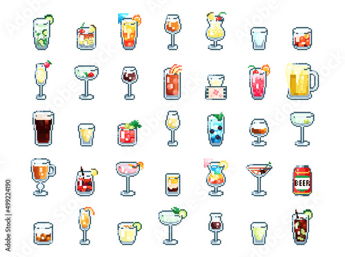 Set of Pixel art cocktail set. Retro 90s gaming 8 bit icon of pixel mosaic glasses of alcohol drinks. Vector pixel classic party beverage for game and stickers.	