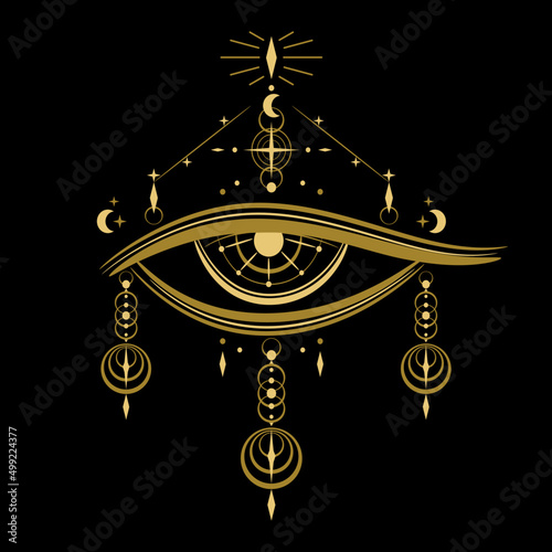 Golden eye of Providence , All seeing eye of god with celestial space moon and stars mysterious magic tattoo on black background icon flat vector design.