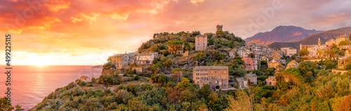 Tela Landscape with Nonza village at sunset time, Corsica island, France