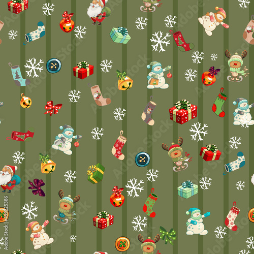 Новогодний ,бесшовный, зеленый, полоса Santa, snowman, bell, deer, snowflakes, set of Christmas and New Year symbols on a green background with a strip, seamless pattern for paper