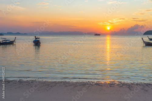 Beach and sea view on Lipe island, Satun Province, Thailand, andaman sea where you can watch the sunrise and sunset on the same beach.