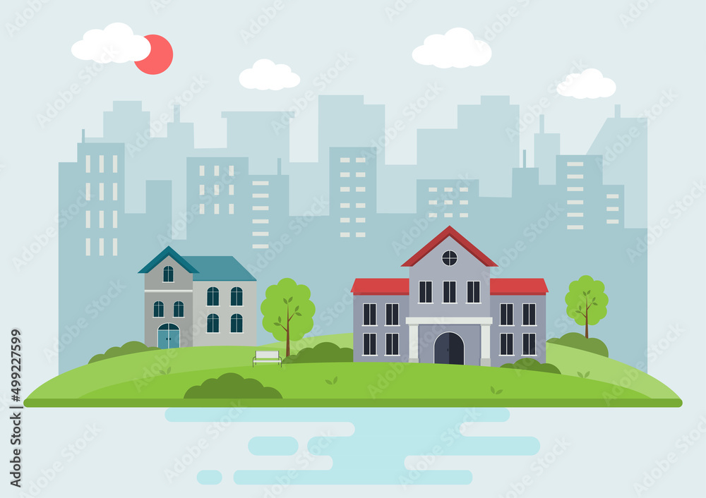 Riverfront houses on hills and lawns with buildings city landscape backgrounds. Cityscape flat design. Vector Illustration.