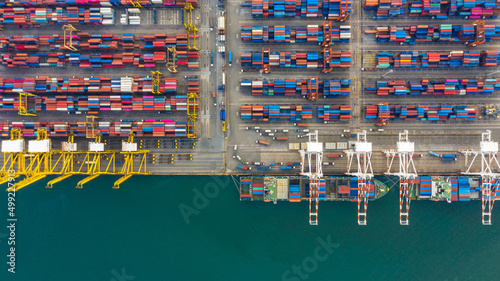 Aerial view container ship working at seaport, Global business company import export logistic and transportation of international global trading by container cargo freight shipping cargo vessel.