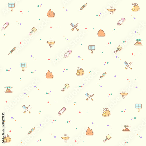 pattern on the theme barbecue, Grill, basil, BBQ, picnic, camping, meat, steak, food, sausages, beef and more. simple color icons on beige background.