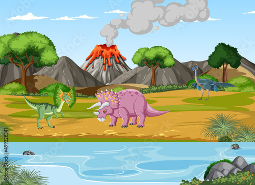 Prehistoric forest background with dinosaur cartoon