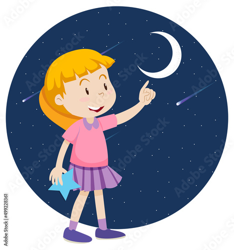 A girl pointing finger to the moon