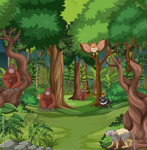 Forest scene with various wild animals