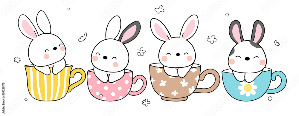 Draw vector cute bunny in beautyful cup of tea for spring