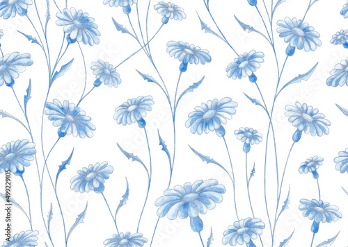 Vintage soft blue floral seamless pattern. Watercolor painting blue daisy flowers with silver contours on white background. Template for design, textile, wallpaper, bedding, ceramics.