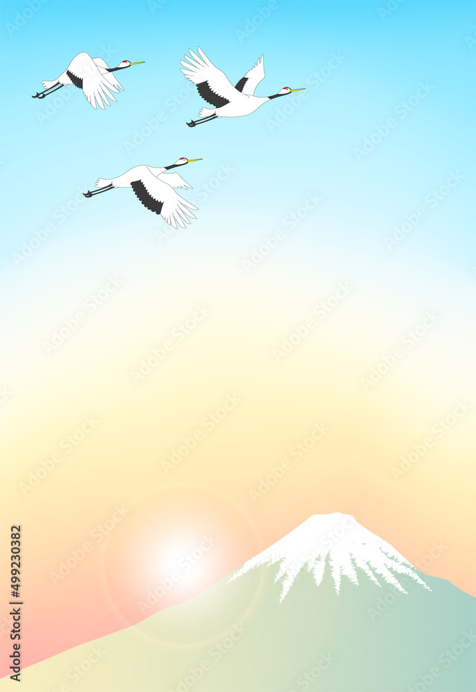 飛んでいる三羽の鶴と富士山と初日の出のポストカード はがきサイズ縦型