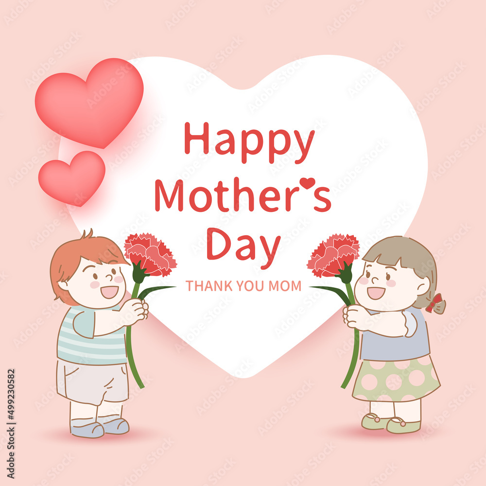 Mother's day card design. Child holding carnation with heart shape background design. Mother's day card design. Child holding carnation with heart shape background design.