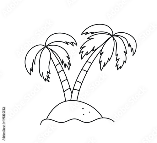 Children drawings of two palms. Kids doodle beach. Hand drawn desert island and palm trees. Editable stroke. Vector illustration on white background.