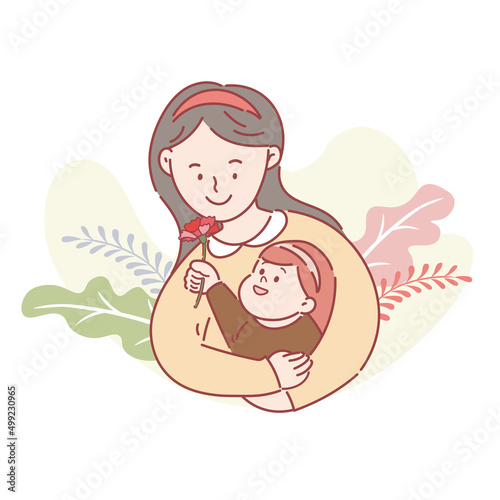 Mothers day card design with mother holding her child.