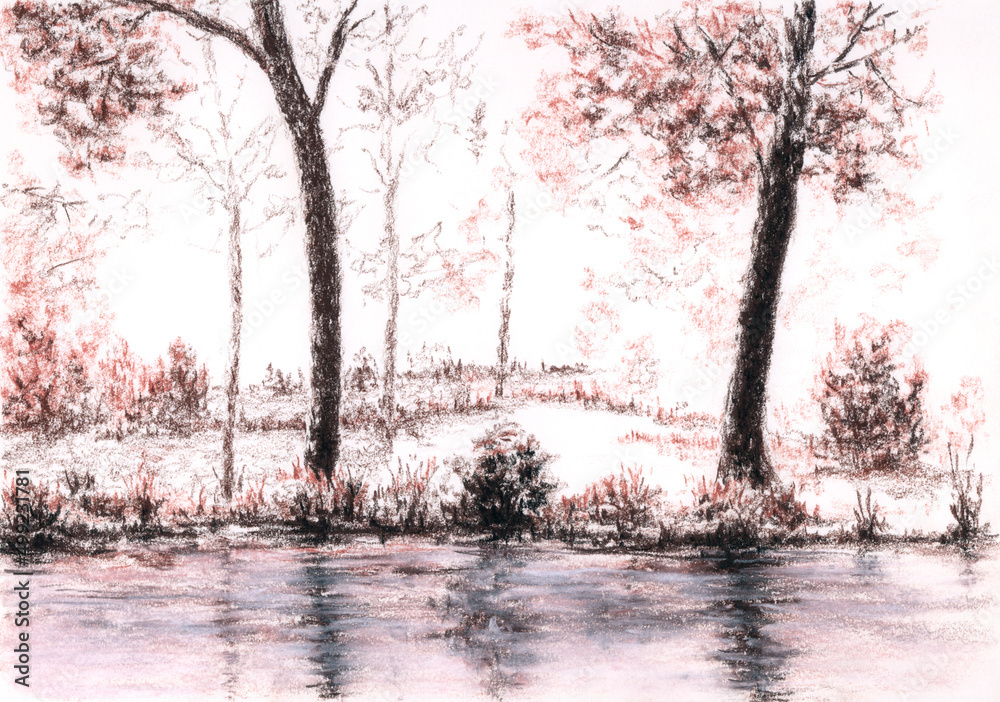 Landscape with trees over water surface. Ink, red pencil and chalk on paper. Landscape with trees over water surface. Ink, red pencil and chalk on paper.