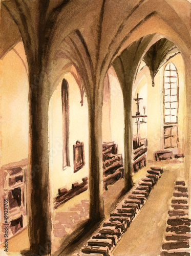 Interior of a gothic church. Watercolor on paper.