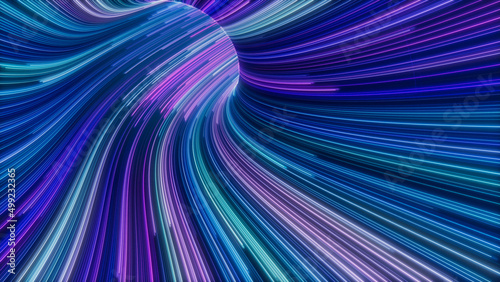 Lilac, Turquoise and Blue Colored Stripes form Wavy Neon Lights Tunnel. 3D Render.