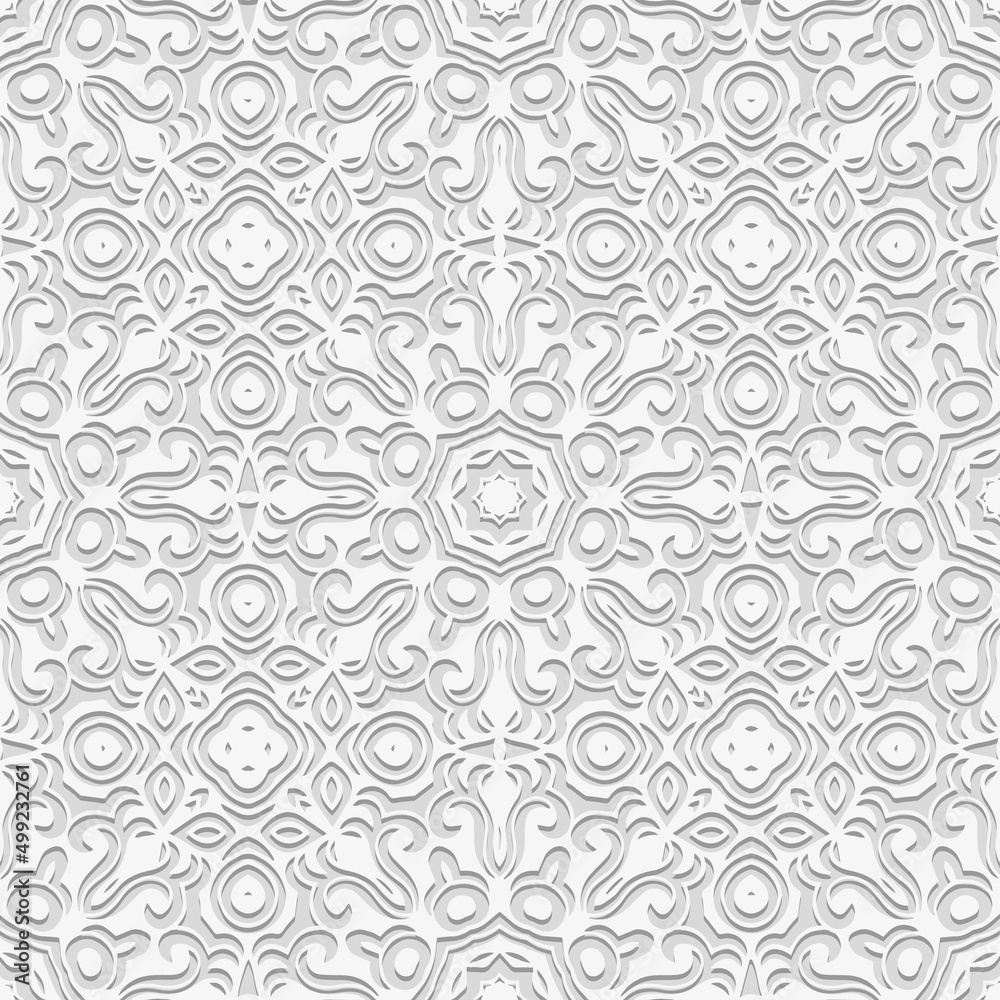 Vintage embossed white background, cover design. Geometric openwork 3D pattern, ethnic texture. Creativity of the peoples of the East, Asia, India, Mexico, Aztecs, Peru in the art deco style.