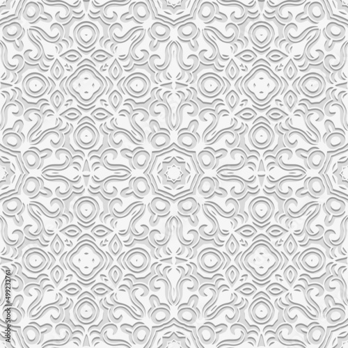 Vintage embossed white background, cover design. Geometric openwork 3D pattern, ethnic texture. Creativity of the peoples of the East, Asia, India, Mexico, Aztecs, Peru in the art deco style.