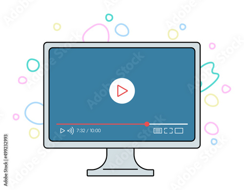 デスクトップパソコンで動画をストリーミング再生するコンセプトイラスト. オンライン教材や動画サイトなどの視聴.