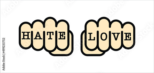 Hate and love fist tattoo vector illustration
