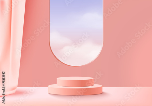 3d background products display podium scene with cloud sky geometric platform. background vector 3d rendering with podium. stand to show cosmetic product. Stage showcase on pedestal display pink cloud