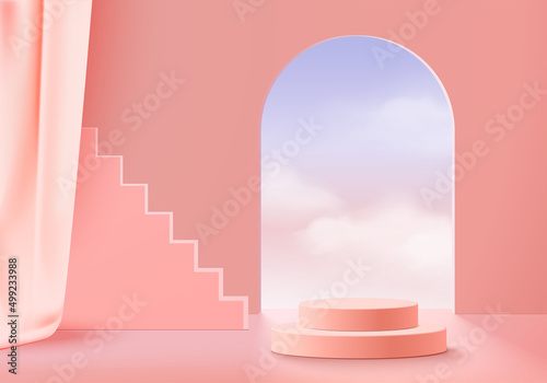 3d display product abstract minimal scene with cloud geometric podium platform. Background vector 3d rendering with podium. stand for cosmetic products. Stage showcase on pedestal 3d pink cloud sky