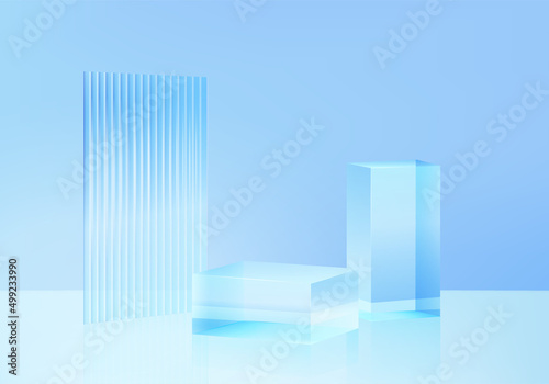 3d background platform with blue glass modern. Background vector 3d rendering crystal podium platform. stand show cosmetic product. Stage showcase on pedestal modern glass studio platform