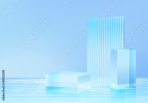 3d background platform with blue glass in water. Background vector 3d rendering crystal podium platform. stand show cosmetic product. Stage showcase on pedestal modern glass studio in water platform