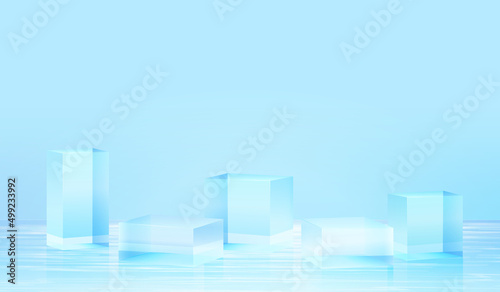 3d background platform with blue glass in water. Background vector 3d rendering crystal podium platform. stand show cosmetic product. Stage showcase on pedestal modern glass studio in water platform