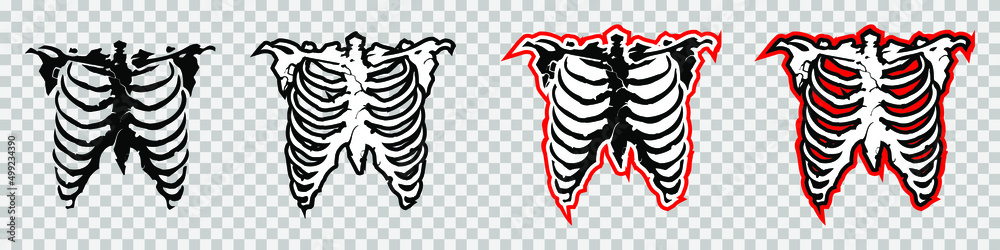 Set of chest bone. T-shirt print for Horror or Halloween. Hand drawing illustration isolated on white background. Vector EPS 10. Set of chest bone. T-shirt print for Horror or Halloween. Hand drawing illustration isolated on white background. Vector EPS 10.