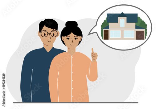 Happy couple or adult family hugging and thinking about buying a dream home. Dreamy metaphor.
