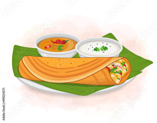 Vector Dosa  Illustration with sambar and coconut chutney
