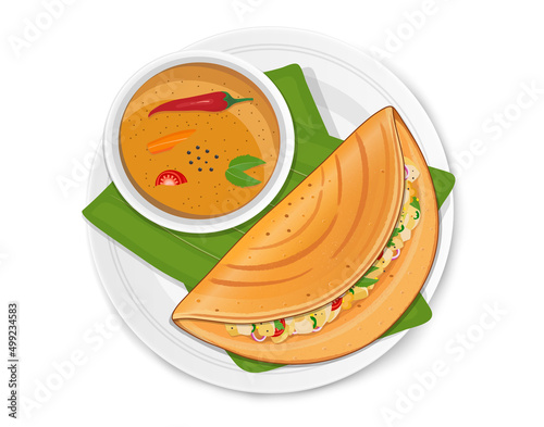 Dosa Sambhar  Soth Indian food -Vector illustration from top view